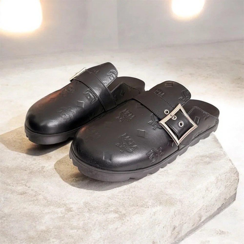 MCM Leather Men's Buckle Clogs (Flat‎ Mule In Black) Sizes 42